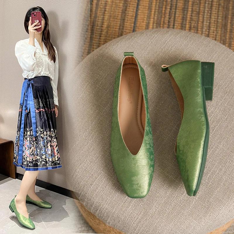 Woman Fashion Summer Square Toe Gold Green Flats Elegant Female Printing Texture Casual Buckle Mary Jane Shoes Big Size 34-43