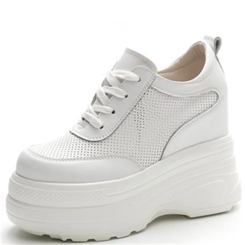 11cm Genuine Leather Women Fashion Platform Sneakers High Hidden Heel Wedge Walking Shoes Brides Wedding Shoes Tennis Shoes