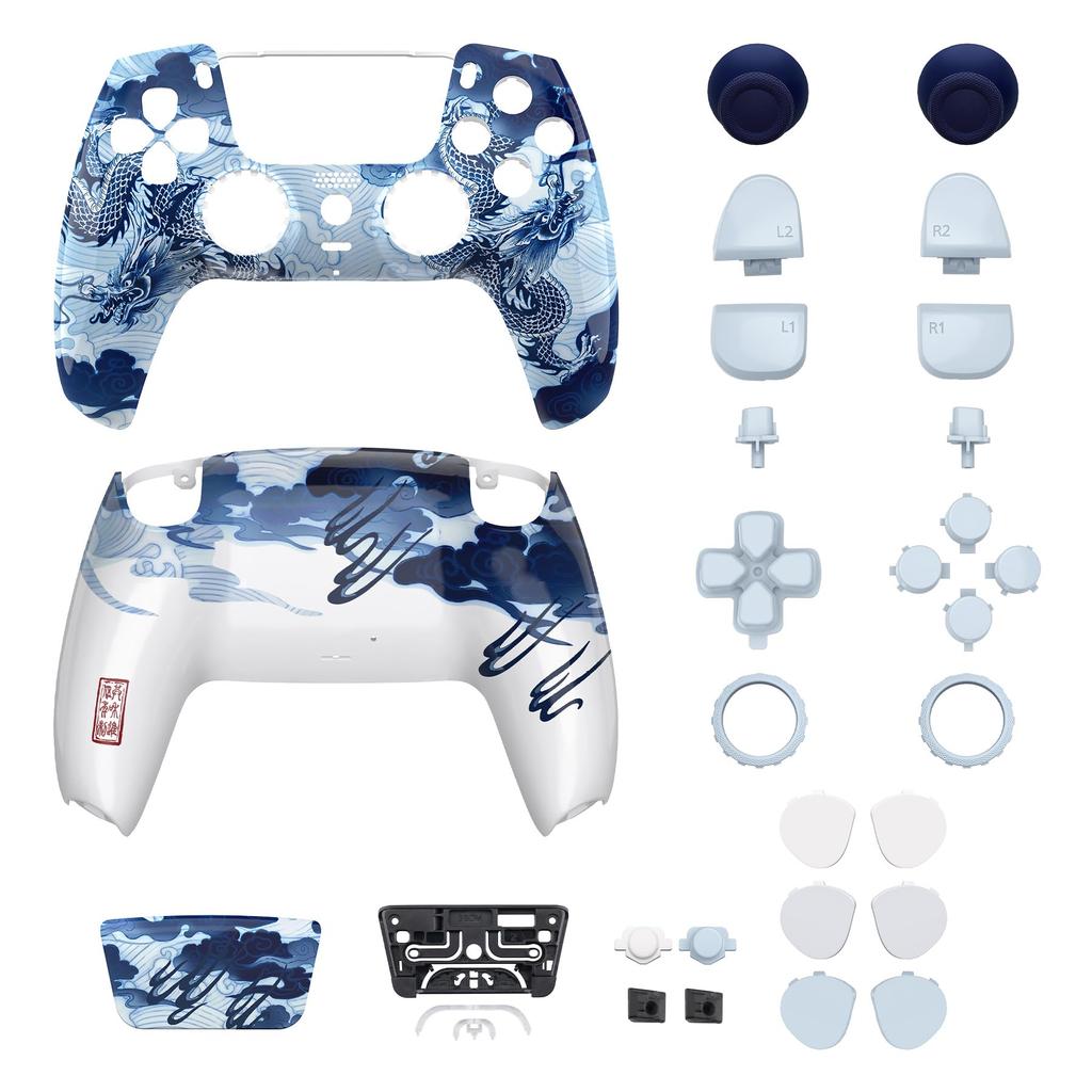 eXtremeRate Compatible with PS5 and Redesigned Luna Full Patterned Housing Button and Touchpad Custom Black Replacement Top and Bottom Covers for PS5