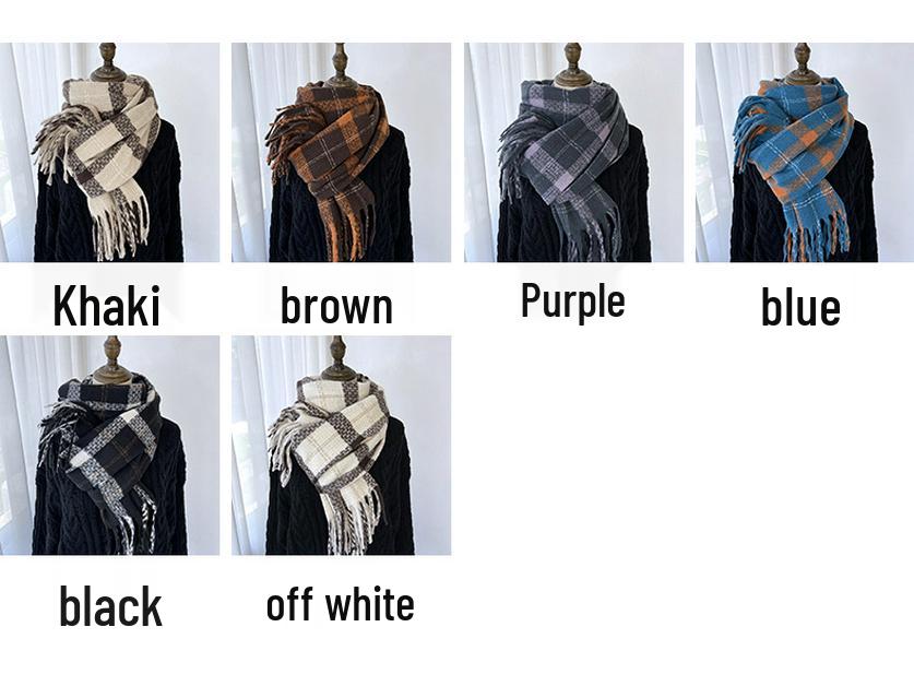2024 Autumn/Winter Women's Plaid Scarf - Versatile Medium/Long Imitation Cashmere Tassel Shawl