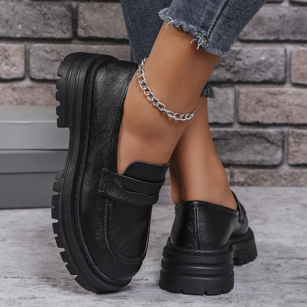 Mode Einfache PU-Leder Plateau Slipper für Damen Mode Preppy Stil Schwarze Kleiderschuhe Frau Bequeme Slipper Damen