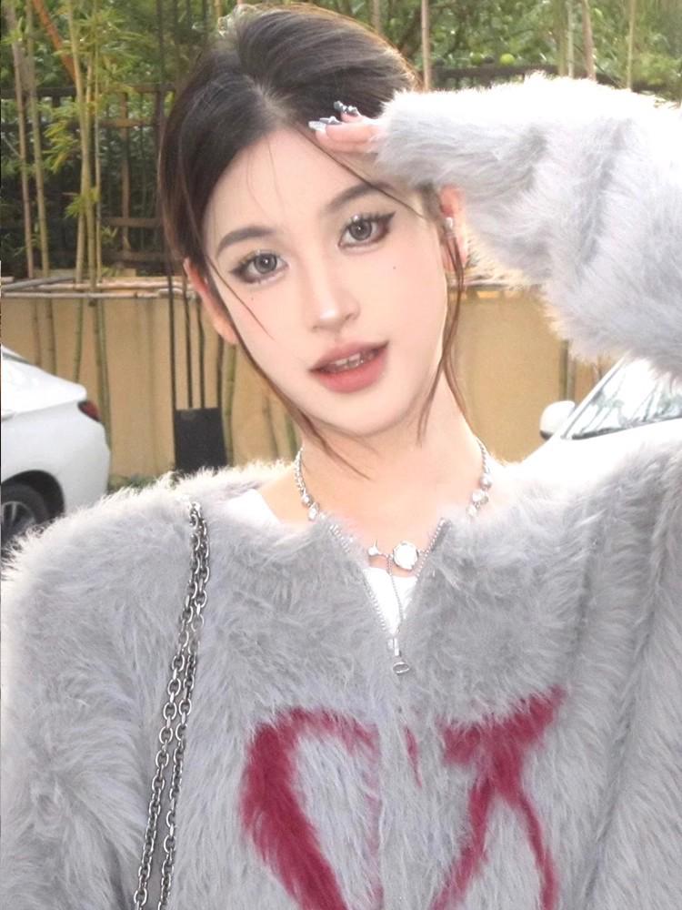 Women's Fluffy Knit Cardigan Jacket - American Style, Autumn/Winter, Cozy & Trendy