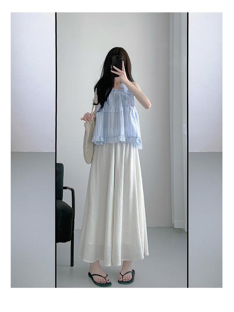 Pleated A-Line Cotton Linen High Waist Wide Leg Culottes Skirt Pants