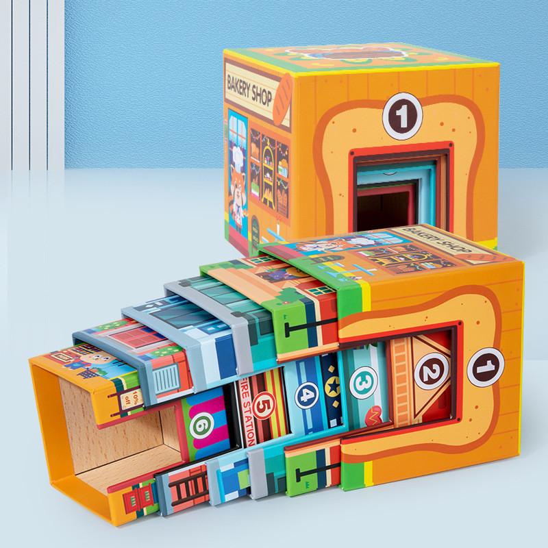 Hospital School Supermarket Wooden Stacked Building Blocks Box Set Toys Children