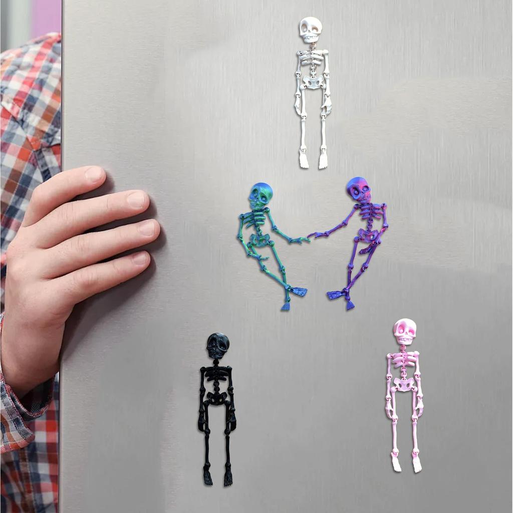 Skeleton Fridge Magnets - 5PCS 3D Printed Poseable Skull Magnets with Movable Joints, Halloween Decor for Refrigerator, Cabinet
