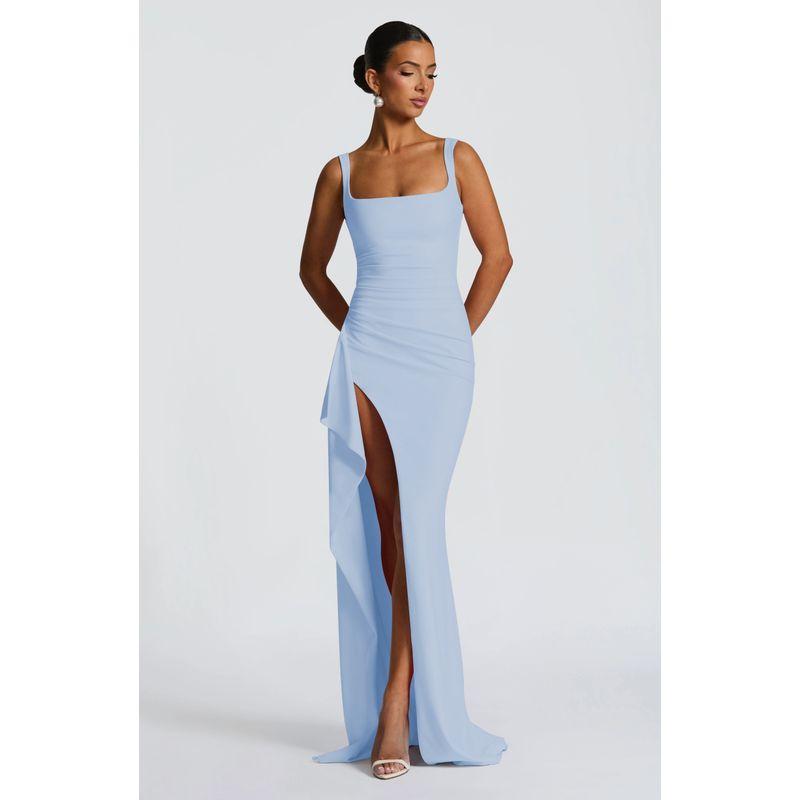 

Shemoda Fashion Style Sexy off-Neck Open Back Sling Dress Women s Pleated High Waist Slim Fit Slit Long Dress Blue L