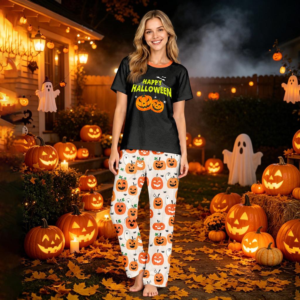 Familien-Passendes Halloween-Print-Pyjama-Set Kurzarm-Oberteil und Hose