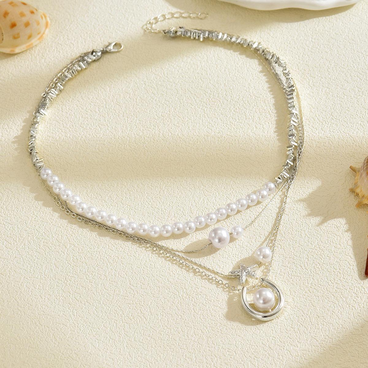 

1 PC Layered Faux Pearl Necklace Starfish & Moon Pendant Statement Necklace, Zinc Alloy Chain Artificial Pearl Choker Jewelry For Daily & Gifting зола сірий колір