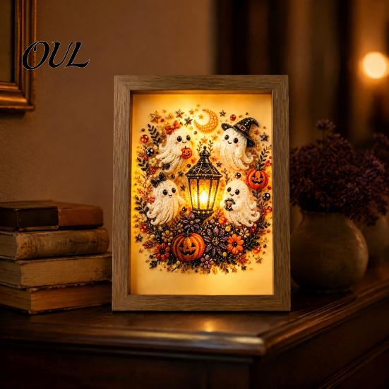 Indoor Festive Atmosphere Decor Ghost Photo Frame Lamp, Halloween Lighted Shadow Box, Haunted House Theme Gothic Skeleton Table Centerpiece