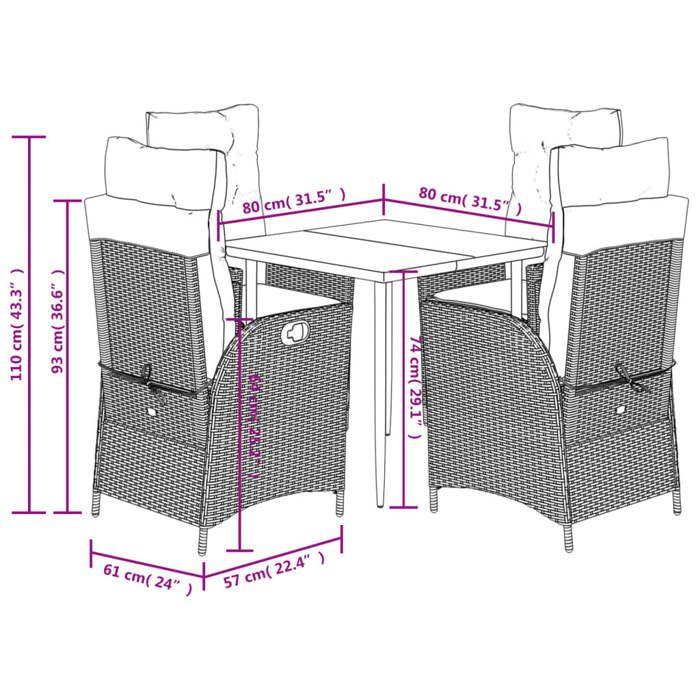 VidaXL Ensemble à Manger de Jardin avec Coussins 5 pcs, Table et Chaises avec Dossier Réglable, Meubles d'Extérieur, 3213216