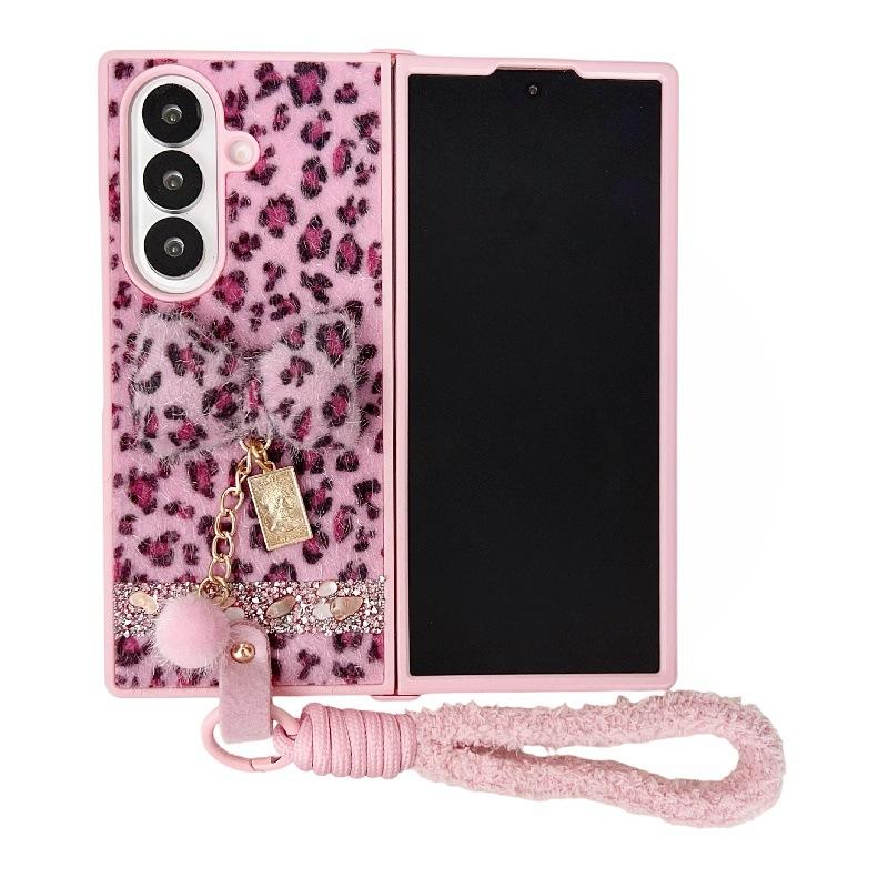 Applicable To Samsung ZFold7 Folding Leopard Print Mobile Phone Case, Bow Plush Hand Rope Zfold6/5 Japanese and Korean Protective Case