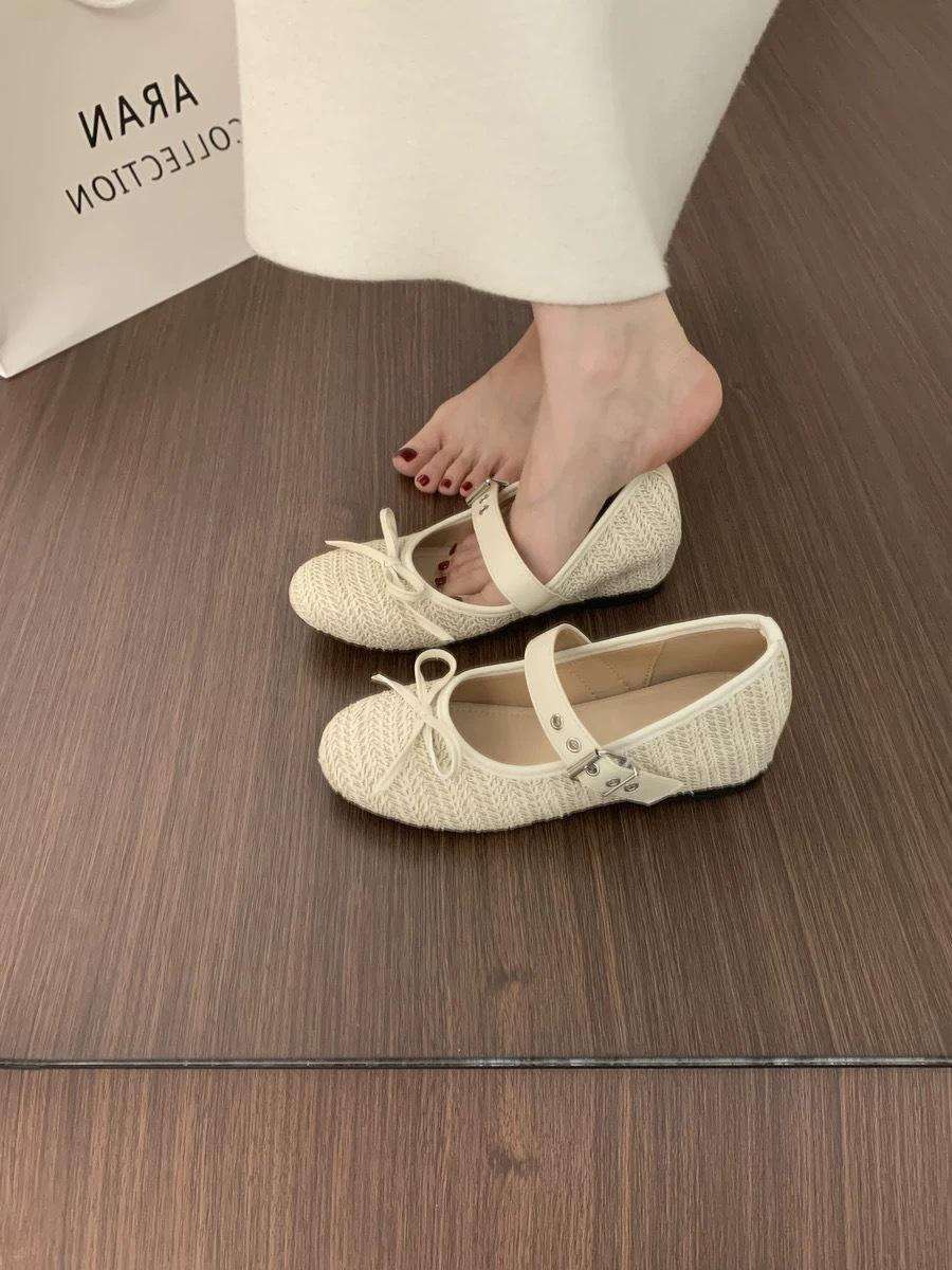 

Flat-bottomed retro woven Mary Jane beautiful fashion single shoes women s shoes new soft-soled beanie shoes 38 абрикосовый