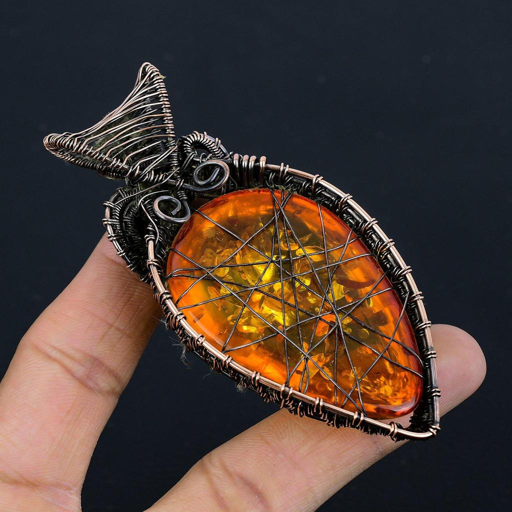 Baltic Amber Pendant, 999 Copper Wire Wrapped Gemstone Jewelry, Handmade Pendant For Mother Day