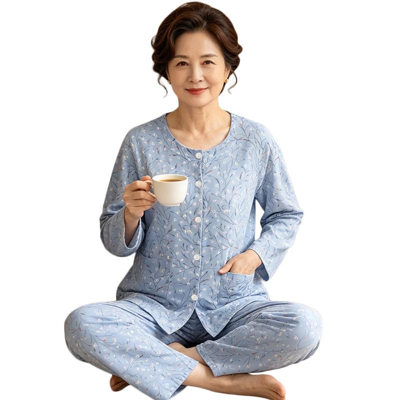 Crew neck temperament floral pajamas women's autumn new imitation cotton long sleeves in the elderly grandma loungewear suit