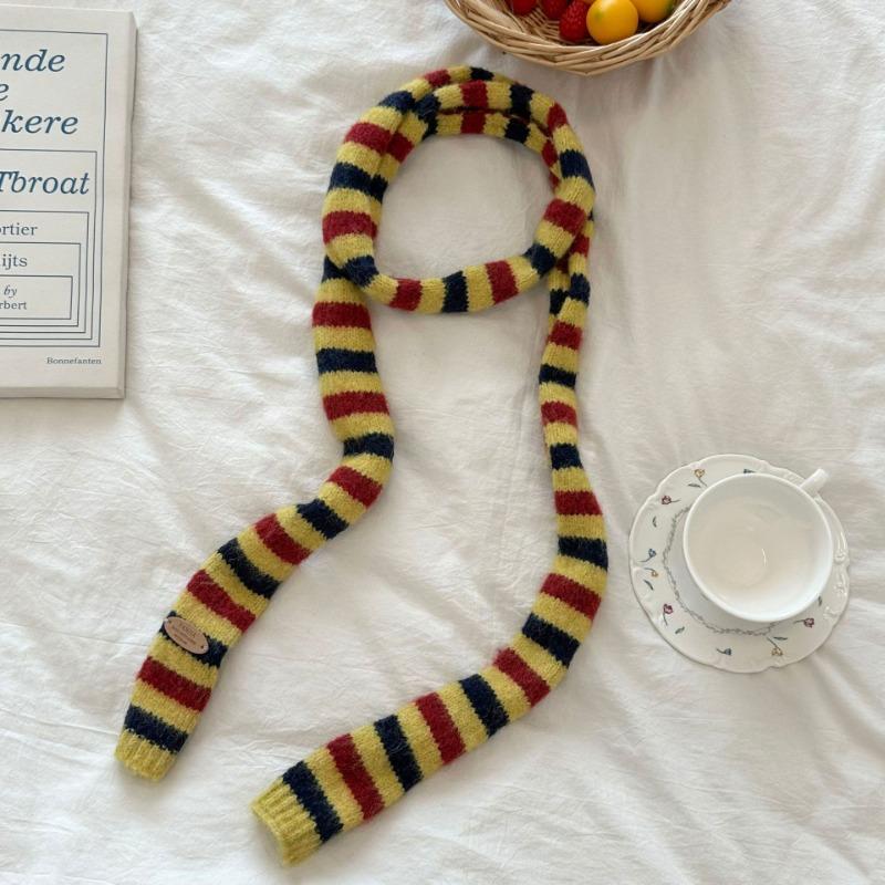 Scarf atmosphere new millennial babes long baguette narrow scarf rainbow stripe knitted scarf women
