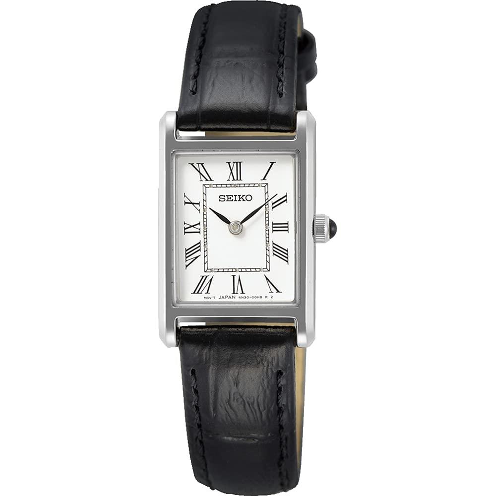 

[Seiko] Женские наручные часы Seiko S Square deSign Quartz Swr053 с белым циферблатом и черным кожаным ремешком