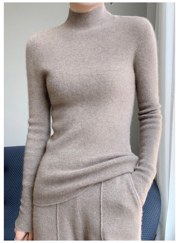 Women's Slim Fit Solid Color Knit Pullover Sweater – Autumn/Winter Long Sleeve Half-High Neck Base Layer