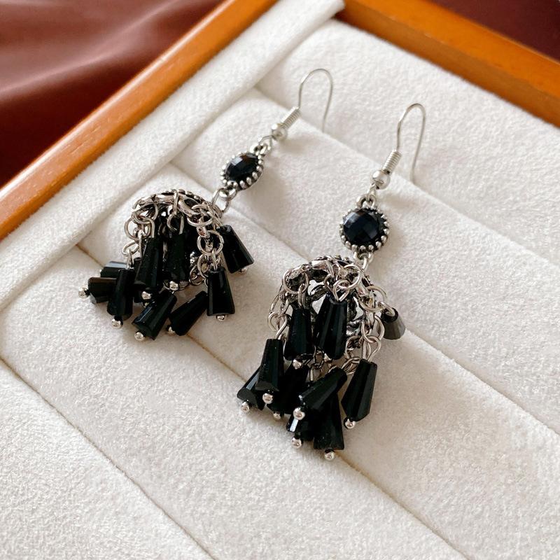 Retro ethnic style diamond-set artificial crystal fringed ear hook Miao style ancient silver old high-end earrings