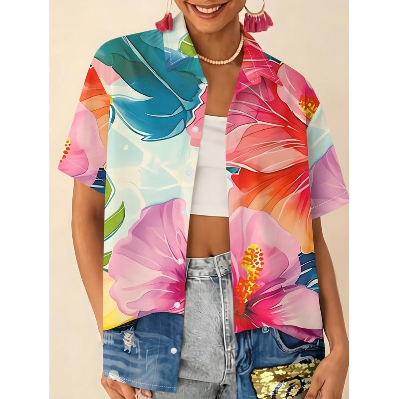 Women's Lapel Short-Sleeve Shirt Summer Hibiscus Full Print Casual Sequin Hawaiian Style Loose Top for Party Holiday