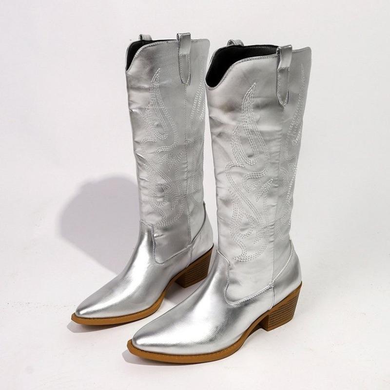 Fashion Temperament High Boots Women's Autumn Fashion Pointed Toe Embroidered Block Heel Sleeve Non-slip Knight Boots