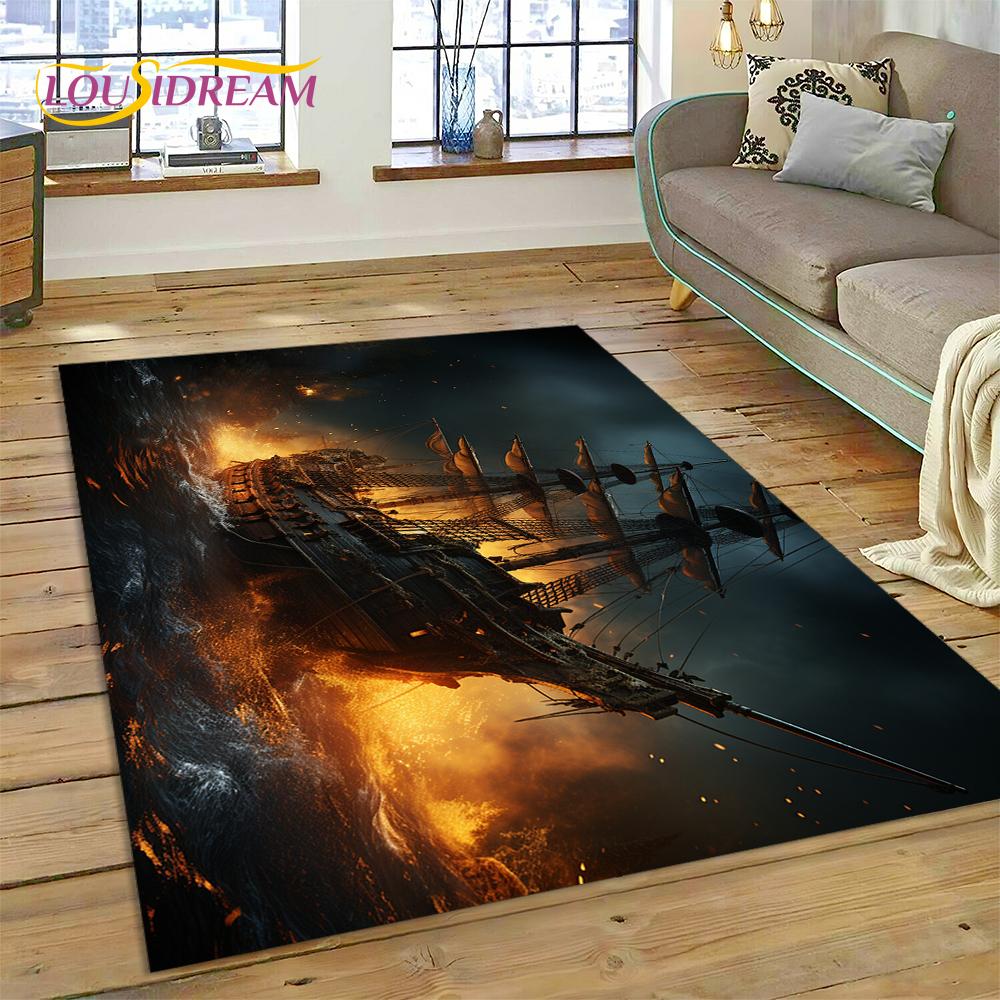 Ancient Pirate Ship Boat,Barque,Sailboa Rug Carpet for Living Room Bedroom Decor,Floor Mat Non-slip Decoration for Sofa Doormat