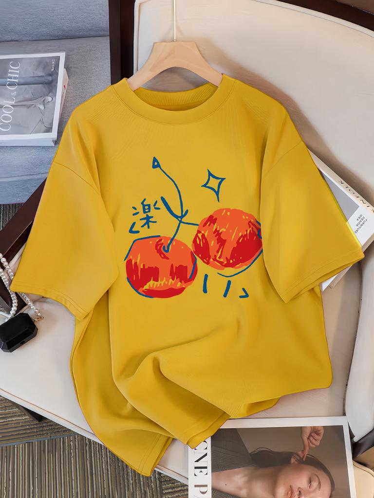 Cherry Illustration Prints Women T-Shirt Casual Sport Short Sleeve Breathable Summer T Shirt Cotton Street New Clothing
