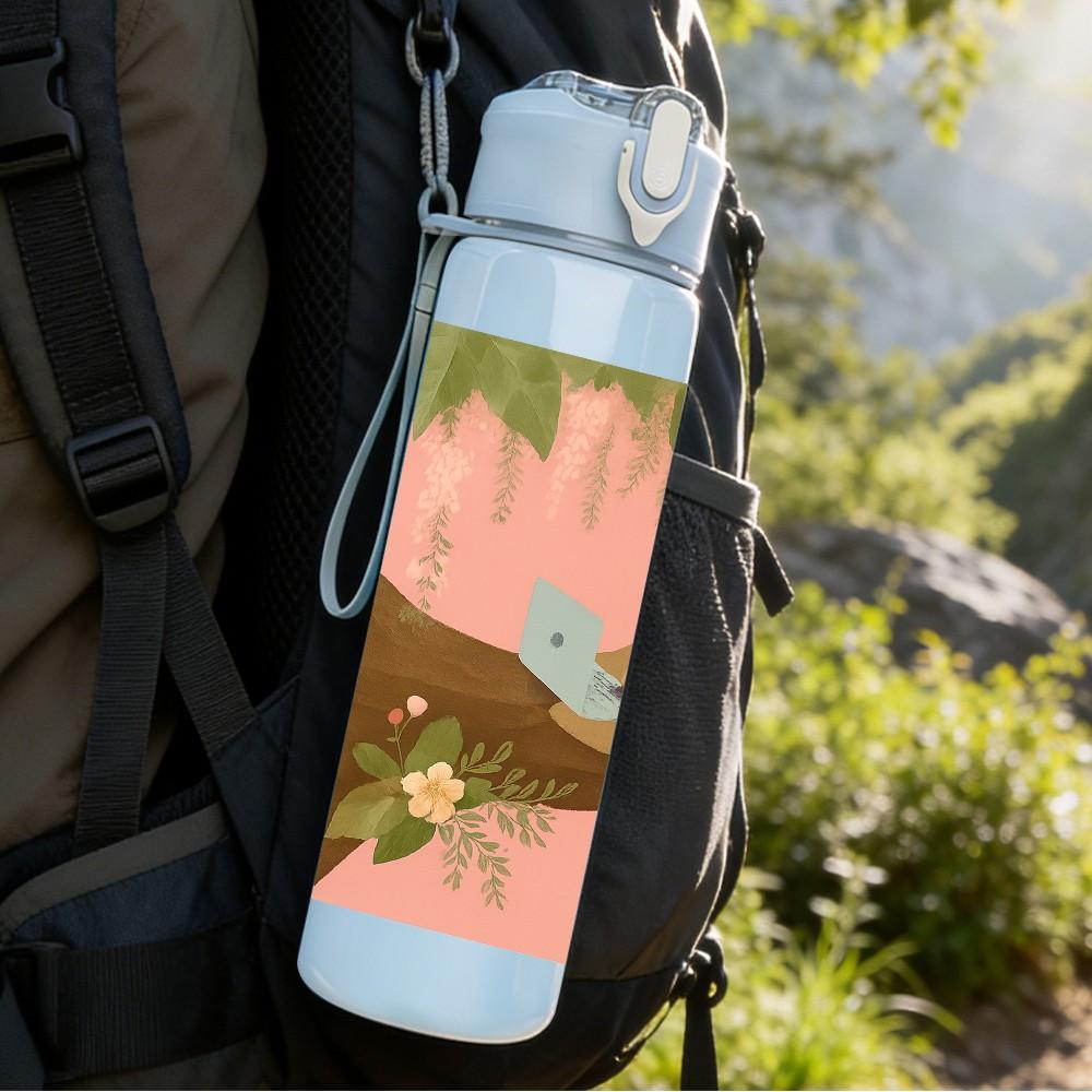 1PC Sloth Pink Tree Branch 750ml Color Plastic Sports Water Bottle Leakproof Flip Straw Lid Suitable for Sports Office Home Use