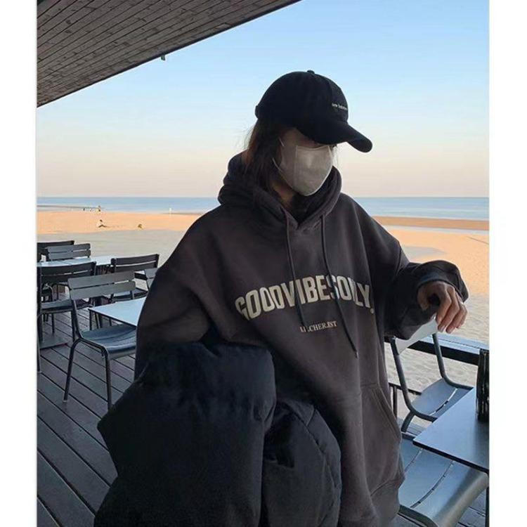 Women Vintage Oversize Grey Hoodie Sweatshirt Casual Streetwear Long Sleeve Letter Print Warm Baggy Clothing