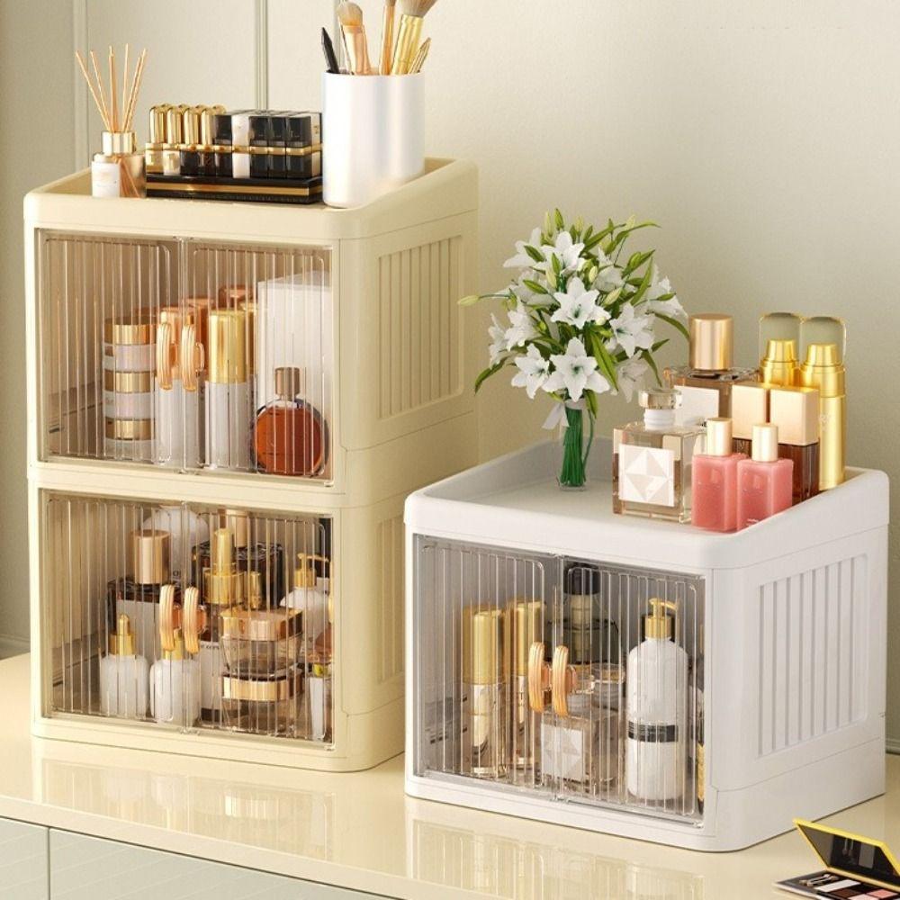 Transparent Cosmetics Storage Box Flat Cover Double Door Storage Box Storage Rack  Bedroom