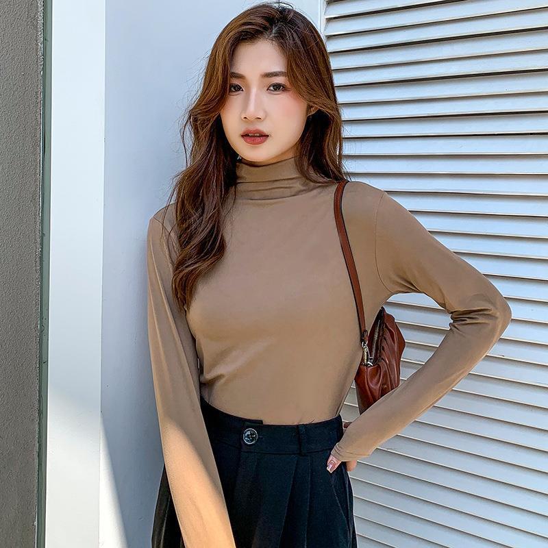 Women's Modal High-Elastic Base Layer: Semi-High Neck, Slimming Long Sleeve T-Shirt for Spring, Autumn, Winter.