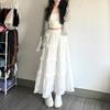 Women Maxi Skirt Elastic High Waist A-Line Skirt Solid Color Hollow Crochet Flower Pattern Ruffle Stitching Cake Skirt