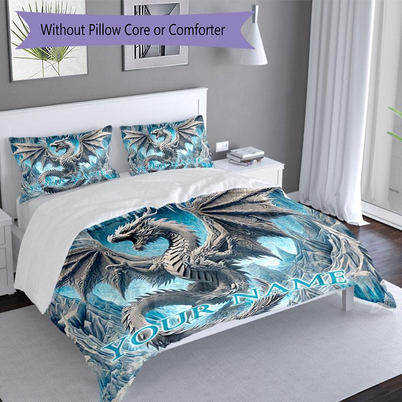 3PC Custom Name Frosty Dragon's Majesty Bedding Set Duvet Cover Closure Includes 1 Duvet Cover & 2 Pillowcases for Bedroom