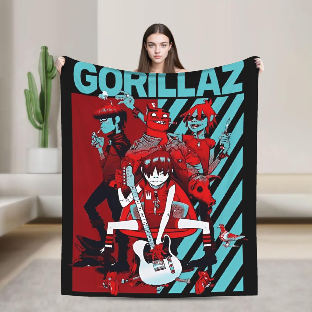 Musikband Gorillaz Crew Flanelldecke Weiche Überwurfdecke für Draußen Flugzeugreisen Mode Tagesdecke Sofa Bettbezug