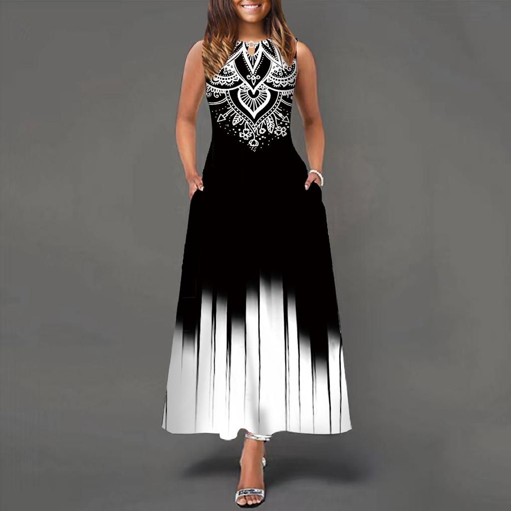 Women's Casual Printing Big Hem Dresswave Round Neck Sleeveless Long Dress