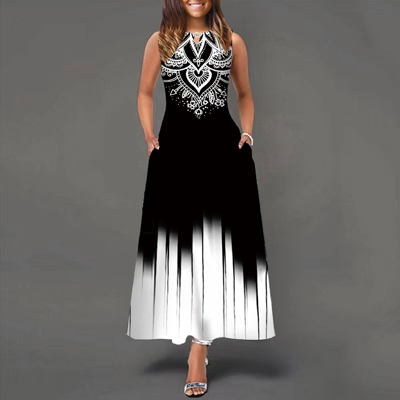 

Women s Casual Printing Big Hem Dresswave Round Neck Sleeveless Long Dress S білий