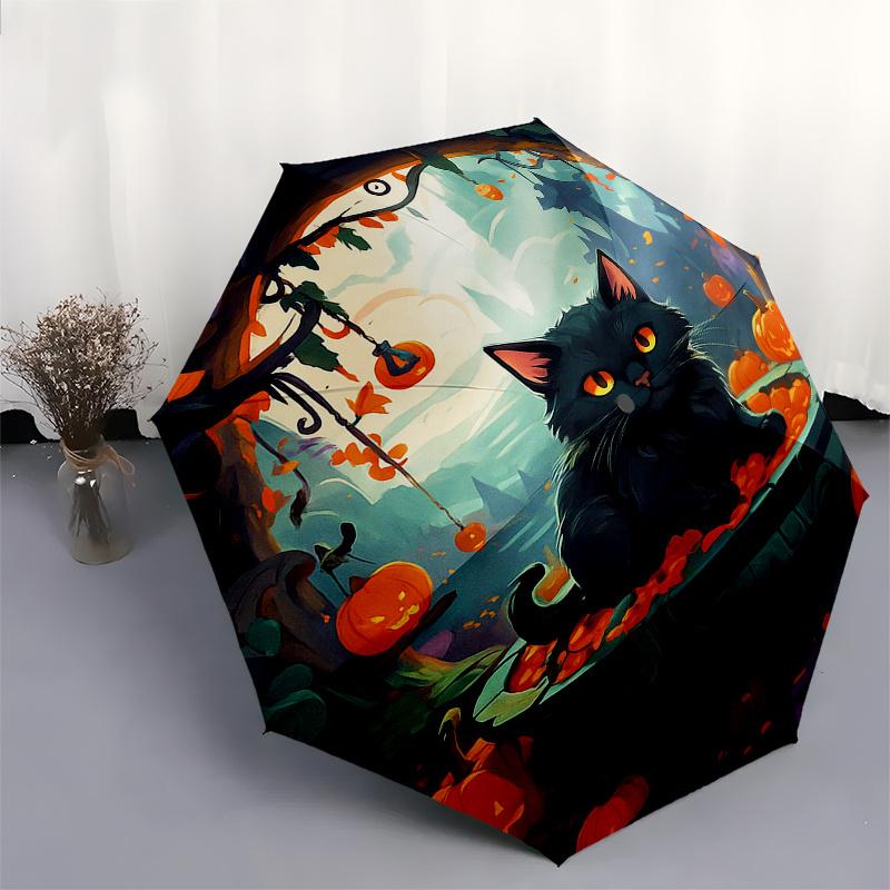 Halloween Black Cat Pumpkin Decorative PlateUmbrella, Portable 3-Fold Compact Umbrella,Christmas Gift ES382