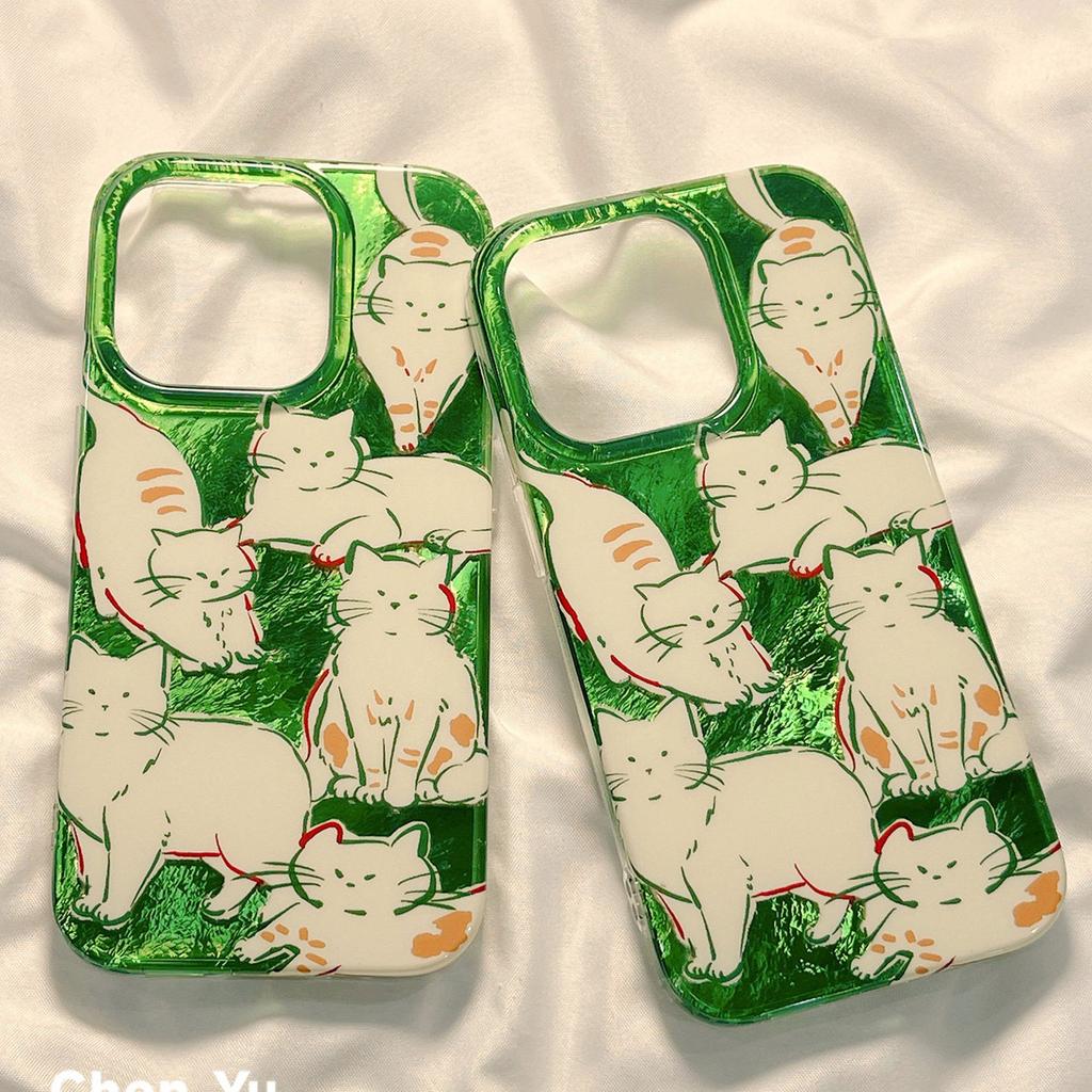 Green Tabby Cat Doodle Shiny Phone Case for iPhone 17 16 15 14 13 12 11 16E Series Pro Max Plus Double Layer Protection