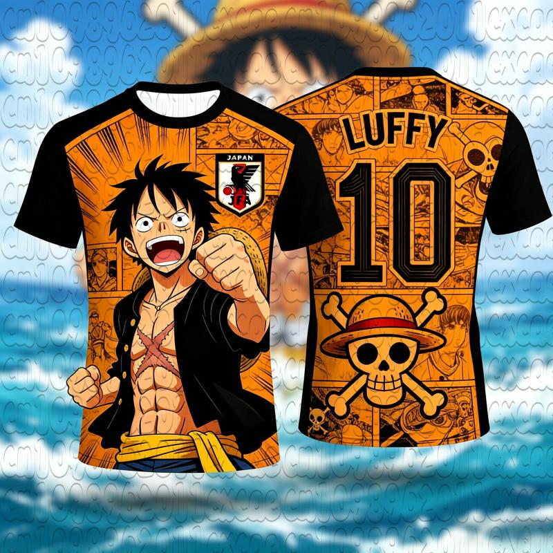 Anime One Piece Luffy Graphic Football Tee Quick Dry Moisture Wicking Unisex Sports Short Sleeve Casual Trendy Soccer Jersey Top