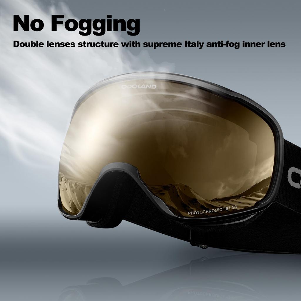 Odoland Photochromic Snow Goggles with Mirror OTG Glasses UV400 Automatic Impact Adult Size Color-Changing Lenses, Anti-Fog, Compatible, Protection,