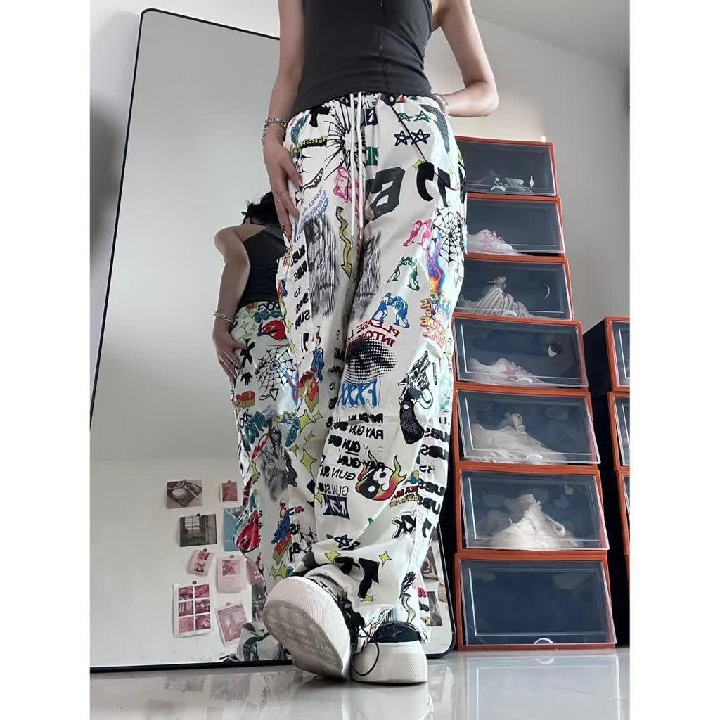 Graffiti Print Lady Trousers Chic Fashion Harajuku Drawstring Wide Leg Trousers Loose Trouseralones SweatTrousers Streetwear Korean Y2k