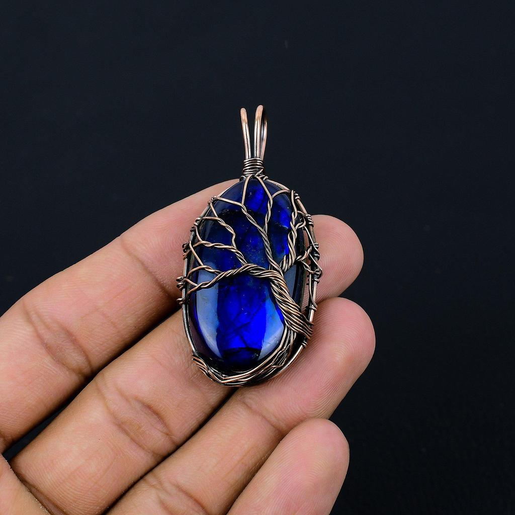 Tree Of Life Blue Flash Labradorite Handmade Pendant, Natural Gemstone Jewelry, 999 Copper Wire Wrapped Pendant Jewelry, For Gift