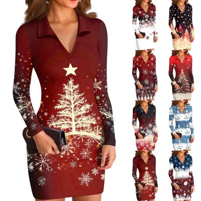 Damen V-Ausschnitt Lässig Print Langarm Figurbetontes Kleid