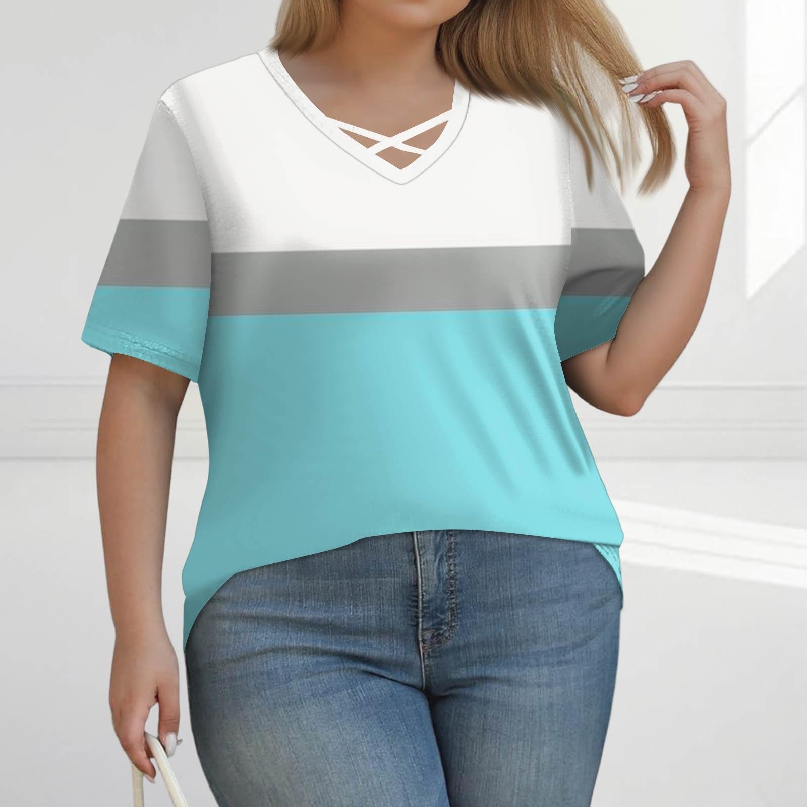 

Women s Fashion Casual Colour Stripe Printed V-Neck Short Sleeve Large Size T-Shirt Top XXL світло-синій колір