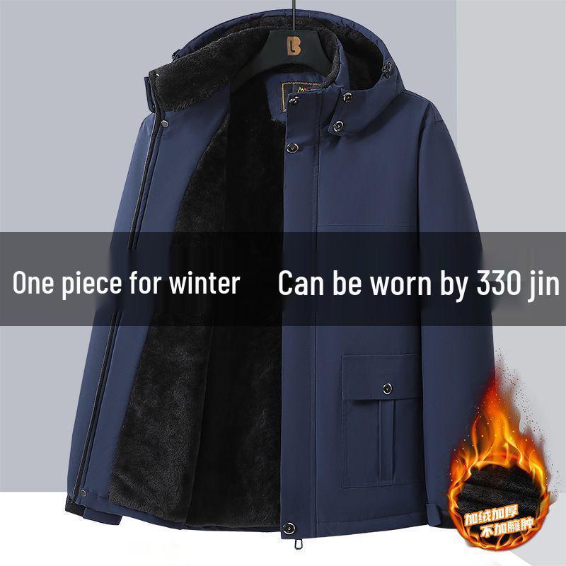 Men's Plus Size Fleece-Lined Winter Coat - Loose Fit Cotton Jacket for Middle-Aged Dads