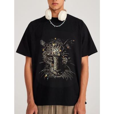 Black T Shirt With Leopard Star Pattern Print For Casual Wear