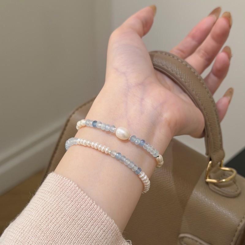 Handmade Sterling Sea Blue Topaz Bracelet With Freshwater Pearl Stackable Design Women Ins Style