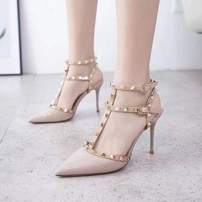 High Heels Women's 2025 New Rivet Shoes Pure Desire Internet Celebrity One-word Buckle Large Size Sandals French Pointed Shoes