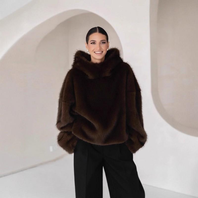 Womens Faux Fur Hooded Coat Winter Warm Streetwear Oversized Jacket With Pockets