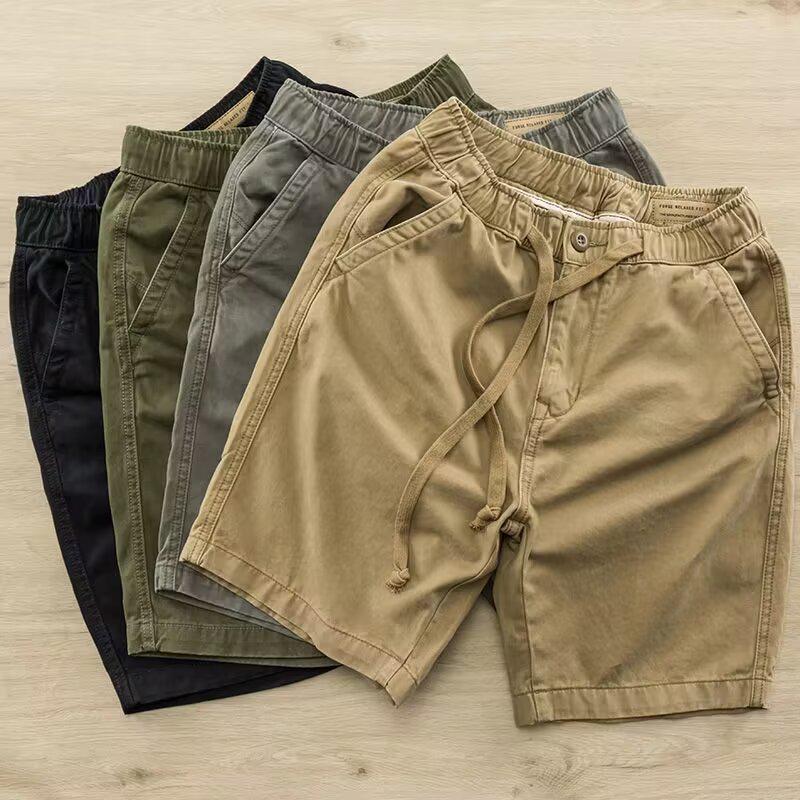 American Retro Khaki Cargo Shorts - Mid-Length, Elastic Waist, Casual Drawstring, Trendy Men's Summer Pants