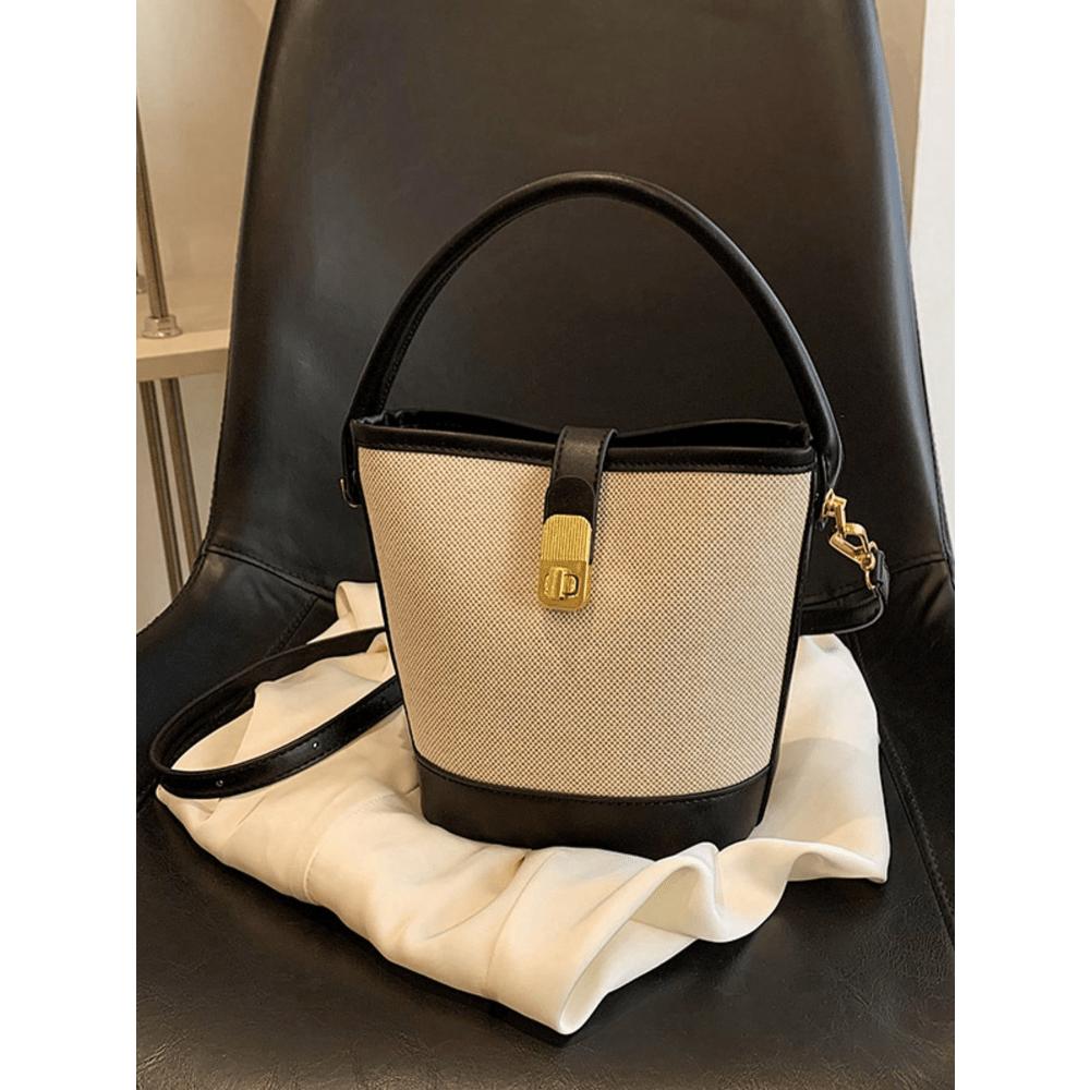1PC Fashion Contrast PU Canvas Splice Buckle Handbag Water Bucket Bag Strap Long Shoulder Strap Crossbody Bag For Women's Daily Use